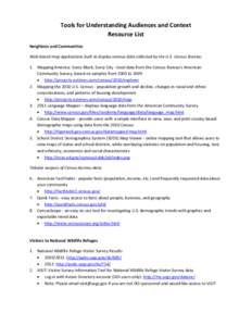 Tools for Understanding Audiences and Context Resource List Neighbors and Communities Web-based map applications built to display various data collected by the U.S. Census Bureau: 1. Mapping America: Every Block, Every C