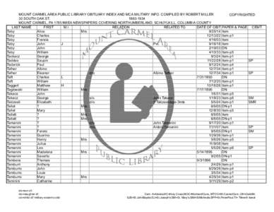 MOUNT CARMEL AREA PUBLIC LIBRARY OBITUARY INDEX AND MCA MILITARY INFO. COMPILED BY ROBERT MILLER COPYRIGHTED 30 SOUTH OAK ST[removed]MOUNT CARMEL, PA 17851AREA NEWSPAPERS COVERING NORTHUMBERLAND, SCHUYLKILL, COLUMBIA 