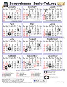 Calendar for yearUnited States) Susquehanna January  S e n i o r T e k . o r g 2016