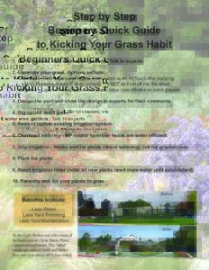Step by Step Beginners Quick Guide to Kicking Your Grass Habit 1. Go to classes; visit water wise gardens; Talk to experts 2. Eliminate your grass. Options include: Chemical - Roundup (3 applications 7 to 10 days apart. 