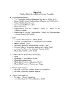 Appendix 6 Membership of Accreditation Steering Committee • Administration (Faculty) o Vice Provost for Academic Planning (Chair and co-WASC ALO) o Dean of the Division of Undergraduate Education (co-WASC ALO) o Dean o