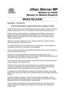 Jillian Skinner MP Minister for Health Minister for Medical Research MEDIA RELEASE Wednesday, 1 October 2014