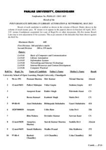 PANJAB UNIVERSITY, UNIVERSITY, CHANDIGARH Notification No. PGDLAN[removed]M/1 Result of the POST GRADUATE DIPLOMA IN LIBRARY AUTOMATION & NETWORKING, MAY 2013 Result of each candidate is notified as shown in the column o