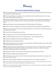 STARS ON ICE CANADA HISTORICAL TIMELINE 1991: The Canadian leg of the Stars on Ice Tour officially begins, featuring 3-time World Champion Kurt Browning and 2-time Olympic Silver Medalist Brian Orser. 1992: Tour becomes 