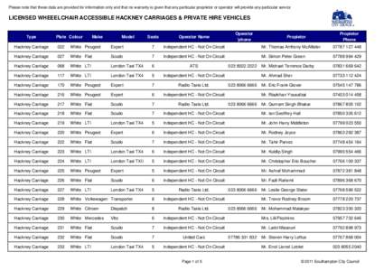 Please note that these data are provided for information only and that no warranty is given that any particular proprietor or operator will provide any particular service  LICENSED WHEEELCHAIR ACCESSIBLE HACKNEY CARRIAGE