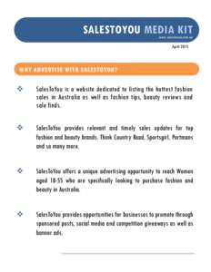 S2U MEDIA KIT  SALESTOYOU MEDIA KIT www.salestoyou.com.au  April 2015