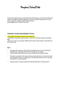 Monophona’s Technical Rider  These are all technical sound requirements of Monophona, you’ll find everything we need on the different pages (stage, foh, monitors, patchlist & stage plot). For any further questions pl