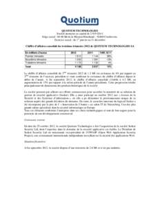 QUOTIUM TECHNOLOGIES Société anonyme au capital de € Siège social : 84-88 Bd de la Mission Marchand – 92400 Courbevoie. Exercice social : du 1er janvier au 31 décembre Chiffre d’affaires consolidé du