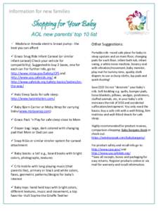 Information for new families  Shopping for Your Baby AOL new parents’ top 10 list  Medela or Ameda electric breast pump-- the best you can afford