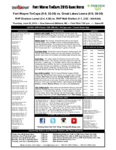 FORT WAYNE TINCAPS 2015 GAME NOTES Fort Wayne TinCaps (0-0, vs. Great Lakes Loons (0-0, RHP Dinelson Lamet (2-4, 4.30) vs. RHP Matt Shelton (1-1, AA/AAA) Thursday, June 25, 2015 — Dow Diamond (Midl