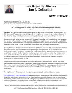 San Diego City Attorney  Jan I. Goldsmith NEWS RELEASE FOR IMMEDIATE RELEASE: October 29, 2013 Contact: Gina Coburn, Communications Director: ([removed]