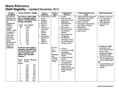 Quick Reference SNAP Eligibility – Updated November 2013 Program Description The Food and Nutrition Act of