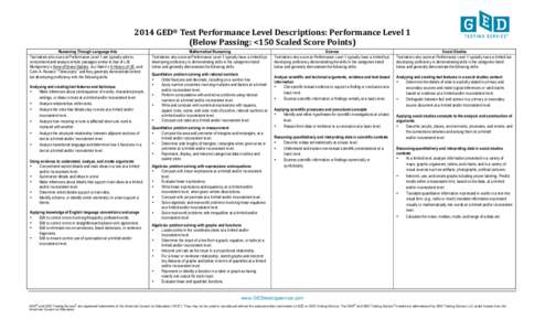 2014	
  GED®	
  Test	
  Performance	
  Level	
  Descriptions:	
  Performance	
  Level	
  1	
  	
   (Below	
  Passing:	
  <150	
  Scaled	
  Score	
  Points)	
   Reasoning Through Language Arts Test-takers