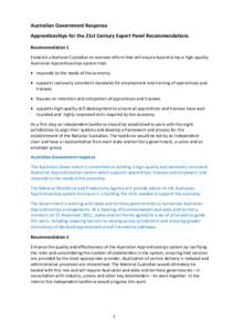 Australian Government Response Apprenticeships for the 21st Century Expert Panel Recommendations Recommendation 1 Establish a National Custodian to oversee reform that will ensure Australia has a high-quality Australian 