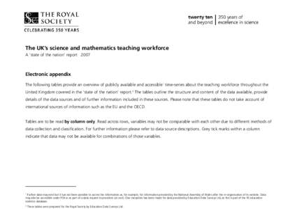 The UK’s science and mathematics teaching workforce A ‘state of the nation’ report 2007 Electronic appendix The following tables provide an overview of publicly available and accessible1 time-series about the teach