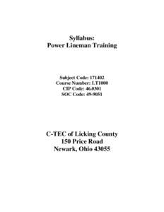 Syllabus: Power Lineman Training Subject Code: [removed]Course Number: LT1000 CIP Code: [removed]