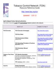 Tobacco Control Network (TCN): Resource Reference Guide http://www.ttac.org/tcn Updated: [removed]INFORMATION RESOURCES: