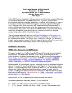 Great Lakes Regional NRDA Workshop November 1- 3, 2005 Doubletree Suites, 198 E. Delaware Place Chicago, Illinois[removed]Final Report At the 2004 National Cooperative Damage Assessment Workshop, trustee and industry