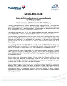 MEDIA RELEASE Malaysia Airlines Continues to Improve Results for 3rd Quarter[removed]month loss narrows to RM484 million from RM1.247 billion y-o-y Tuesday, 27 November 2012, Subang - Malaysia Airlines today announced a s