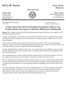 Sylvia R. Garcia  Texas Senate District 6 PRESS RELEASE