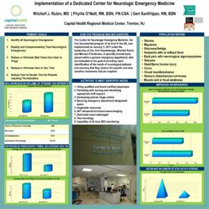 Implementation of a Dedicated Center for Neurologic Emergency Medicine Mitchell J. Rubin, MD | Phyllis O’Neill, RN, BSN, FN-CSA | Geri Sanfillippo, RN, BSN Capital Health Regional Medical Center, Trenton, NJ PRIMARY GO