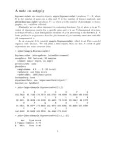 A note on esApply ExpressionSets are complex objects. exprs(ExpressionSet) produces G × N , where G is the number of genes on a chip and N is the number of tissues analyzed, and pData(ExpressionSet) produces N × p, whe