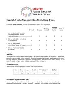 Spanish Social/Role Activities Limitations Scale Durante la última semana, ¿cuánto ha interferido su salud en lo siguiente? Un poco  En forma