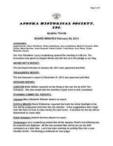 Page 1 of 3  APOPKA HISTORICAL SOCIETY, INC. Apopka, Florida BOARD MINUTES February 06, 2014