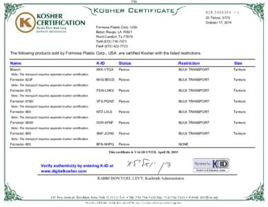 KC# Tishrei, 5775 October 17, 2014 Formosa Plastic Corp. USA Baton Rouge, LAPoint Comfort, Tx 77978