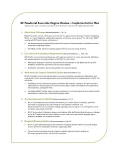 BC Provincial Associate Degree Review – Implementation Plan (finalized after system consultation and endorsed by the BC Council on Admissions & Transfer, December[removed]Admissions Pathways (Recommendations 1.1 & 1.2