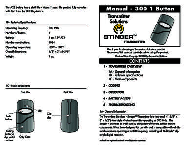 Transmitter Solutions StingerTM Type: 300MCD21V[removed]S. Eastern Avenue, Suite[removed]Las Vegas, NV 89123