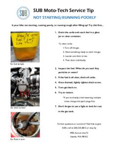 SUB Moto-Tech Service Tip NOT STARTING/RUNNING POORLY Is your bike not starting, running poorly, or running rough after filling up? Try this firstDrain the carbs and catch fuel in a glass jar or clear container. T