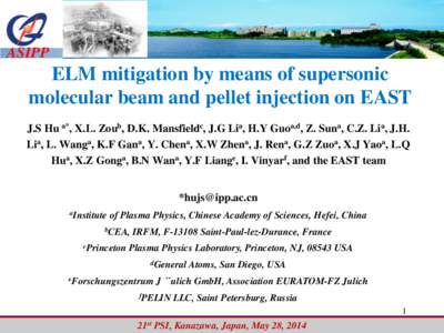 ASIPP  ELM mitigation by means of supersonic molecular beam and pellet injection on EAST J.S Hu a*, X.L. Zoub, D.K. Mansfieldc, J.G Lia, H.Y Guoa,d, Z. Suna, C.Z. Lia, J.H. Lia, L. Wanga, K.F Gana, Y. Chena, X.W Zhena, J