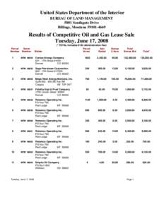 United States Department of the Interior BUREAU OF LAND MANAGEMENT 5001 Southgate Drive Billings, Montana[removed]Results of Competitive Oil and Gas Lease Sale