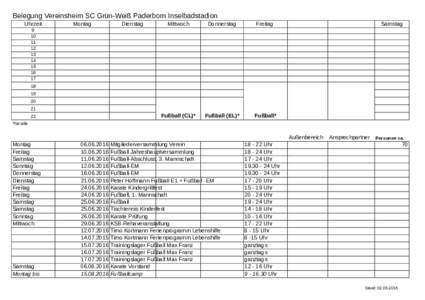 Belegung Vereinsheim SC Grün-Weiß Paderborn Inselbadstadion Uhrzeit Montag  Dienstag