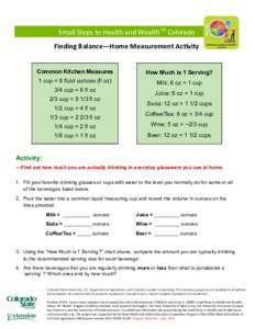 Small Steps to Health and WealthTM Colorado Finding Balance—Home Measurement Activity Common Kitchen Measures How Much is 1 Serving?