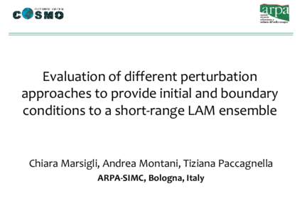 Evaluation of different perturbation approaches to provide initial and boundary conditions to a short-range LAM ensemble Chiara Marsigli, Andrea Montani, Tiziana Paccagnella ARPA-SIMC, Bologna, Italy