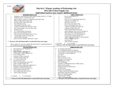 2 of 2  Marvin L. Winans Academy of Performing Arts[removed]School Supply List (Individual teachers may require additional items) 1