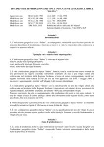 DISCIPLINARE DI PRODUZIONE DEI VINI A INDICAZIONE GEOGRAFICA TIPICA “SALINA”. Approvato con Modificato con Modificato con Modificato con