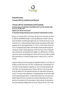 Presseinformation 313music JWP AG, Unterföhring bei München 313music JWP AG: Geschäftsbasis deutlich gefestigt Konzernumsatz aus fortgeführten Geschäftsbereichen nach drei Quartalen 2009 bei 9,9 (Vj. 2,8) Mio. Euro 