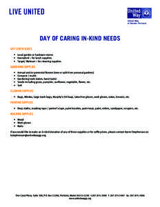 DAY OF CARING IN-KIND NEEDS GIFT CERTIFICATES •	 Local garden or hardware stores •	 Hannaford – for lunch supplies •	 Target/ Walmart – for cleaning supplies
