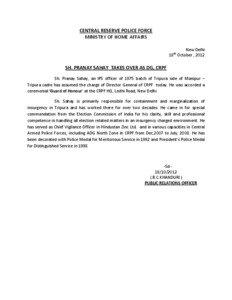 Microsoft Word - Press Release SH. PRANAY SAHAY  TAKES OVER AS DG, CRPF