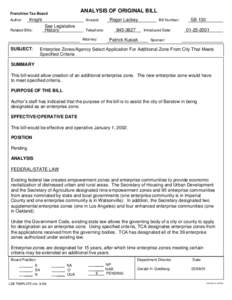 Senate Bill 130 Enterprise Zones Agency Select Application for Additinal Zone from City that Meets Specified Criteria Introduced[removed]