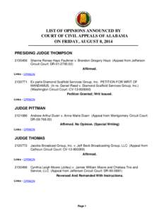 LIST OF OPINIONS ANNOUNCED BY COURT OF CIVIL APPEALS OF ALABAMA ON FRIDAY, AUGUST 8, 2014 PRESIDING JUDGE THOMPSON[removed]Shanna Renae Hays Faulkner v. Brandon Gregory Hays (Appeal from Jefferson Circuit Court: DR-01-27