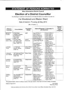 West Oxfordshire District Council  Election of a District Gouncillor The following is a statement of the persons nominated for election as a District Councillor for  the Woodstock and Bladon Ward