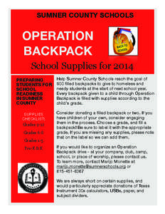 SUMNER COUNTY SCHOOLS  OPERATION BACKPACK School Supplies for 2014 PREPARING