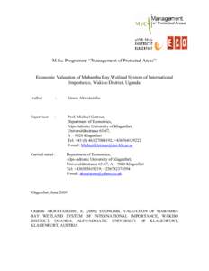 M.Sc. Programme ‘’Management of Protected Areas’’  Economic Valuation of Mabamba Bay Wetland System of International Importance, Wakiso District, Uganda Author