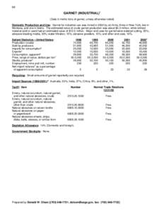 68  GARNET (INDUSTRIAL)1 (Data in metric tons of garnet, unless otherwise noted) Domestic Production and Use: Garnet for industrial use was mined in 2002 by six firms, three in New York, two in Montana, and one in Idaho.