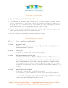 Statewide Summit Goals 1. Sharing the future of Idaho Charter School Network. 2. Learning what the November 4th election results are likely to mean for public charter schools, and education more generally, in Idaho - wha