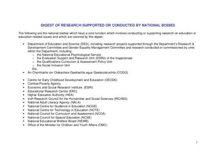 DIGEST OF RESEARCH SUPPORTED OR CONDUCTED BY NATIONAL BODIES